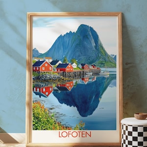 Lofoten Wall Art Print Norway Poster Coastal Mountain Landscape Nordic Travel Decor Red Cabin Illustration Arctic Scenic Giclée Artwork