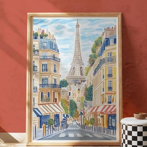 Eiffel Tower Print: Paris Cafe Scene, Romantic France Travel Poster