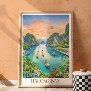 Halong Bay Vietnam Wall Art Print, Hanoi Sunset Travel Poster, Tropical Landscape Artwork, Southeast Asia Decor for Living Room Gift