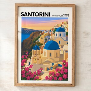 Stampa artistica di Santorini Oia, cupole blu, isola greca, decorazione murale per viaggi.