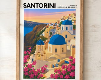 Póster de viaje de Santorini Oia / Isla Griega de la Cúpula Azul