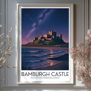 Bamburgh Castle Night Art Print - Northumberland Küstenposter, Sternenhimmel-Wanddekoration, britisches Wahrzeichen