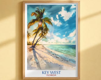Key West Florida Travel Poster, Tropical Beach Wall Art Print, Palm Tree Coastline Decor
