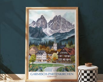 Garmisch-Partenkirchen Print, Bavarian Alps Mountain Village Art