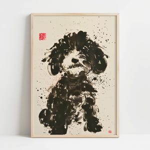 Impression d'art à l'encre Cavapoo : portrait de chien de style sumi-e
