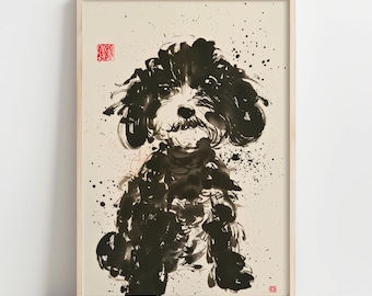 Cavapoo Art Print, Sumi-e Style Dog Portrait, Japanese Ink Wall Art