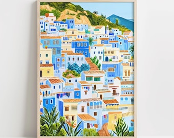 シェフシャウエンの水彩画、モロッコの壁画、シェフシャウエンの街並み