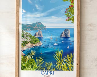 Impressão artística de Capri, Itália, ilustração das formações rochosas mediterrâneas Faraglioni, no Mar Mediterrâneo.
