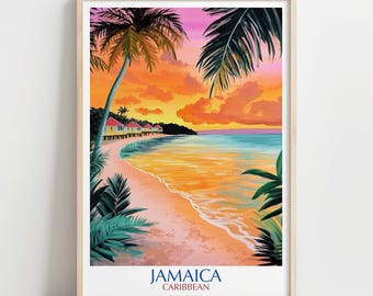 Jamaica Sunset Print: Tropical Beach Palm Tree Coastal Art