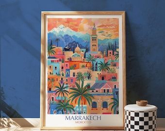 Marrakech Vintage Travel Poster: Colorful Moroccan Cityscape Art Print