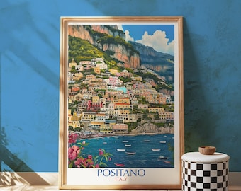 Impresión de Positano, Italia: Póster de viaje de la Costa Amalfitana, colorido pueblo costero.