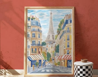 Eiffel Tower Print: Paris Cafe Scene, Romantic France Travel Poster