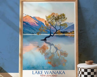 Lámina del lago Wanaka, Nueva Zelanda, reflejo de un árbol solitario, cuadro panorámico.