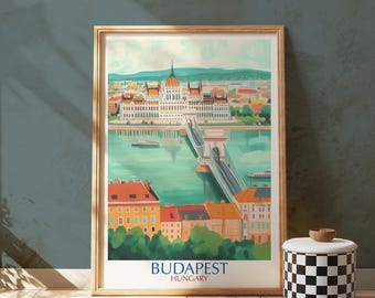Budapest Hungary Travel Poster Print, Hungarian Parliament Wall Art, European Cityscape Decor