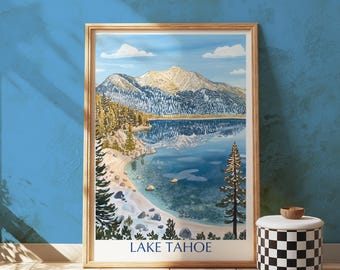 Lake Tahoe Print, Vintage Travel Poster Style, California Nevada Artwork