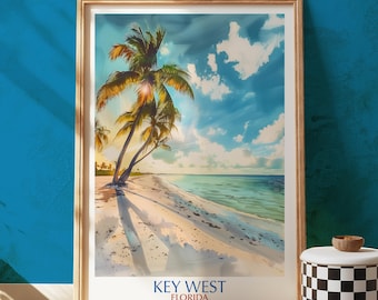 May include: Framed art print featuring a watercolor painting of a beach scene with palm trees, white sand, and turquoise water. The sky is blue with fluffy white clouds. The text "KEY WEST FLORIDA" is at the bottom.