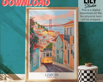 Lisbon Portugal Art Print: Yellow Tram, Colorful Cityscape (Digital Download)
