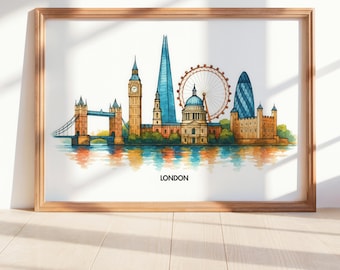 ロンドンのスカイライン プリント 3 枚セット、ロンドン三連画水彩画