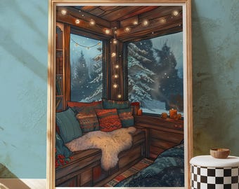 Lámina artística Rincón invernal Hygge: Cabaña acogedora con vista al bosque