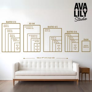 The image is a wall decal from Ava Lily Studio, displaying the sizes of different frames in centimeters. The wall decal is arranged in a grid format, with each frame labeled with its corresponding size. The frames vary in size, ranging from 2.3 to 11.4 centimeters wide. The wall decal provides a visual representation of the frame sizes, likely used for interior design purposes.