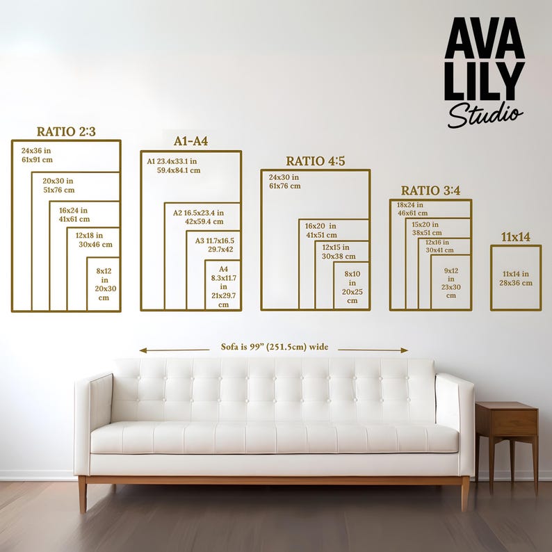 The image is a wall decal from Ava Lily Studio, displaying the sizes of different frames in centimeters. The wall decal is arranged in a grid format, with each frame labeled with its corresponding size. The frames vary in size, ranging from 2.3 to 11.4 centimeters wide. The wall decal provides a visual representation of the frame sizes, likely used for interior design purposes.