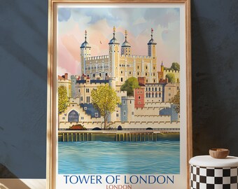 Lámina artística de la Torre de Londres, castillo ilustrado y río Támesis.