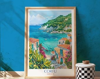 Stampa artistica di Corfù, Grecia, poster di viaggio sull'isola costiera del Mediterraneo