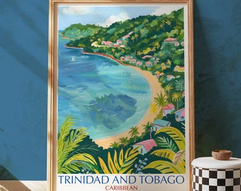 Trinidad and Tobago Wall Art Print, Illustrated Caribbean Coast Poster with Tropical Bay, Colourful Hillside Homes and Beach Travel Decor