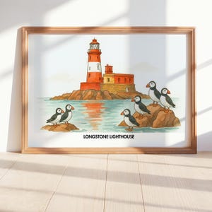 Lighthouse Printable puffin Northumberland Art, Longstone Lighthouse Print, Coastal Puffin Poster, Watercolor Seaside Wall Decor,UK Landmark