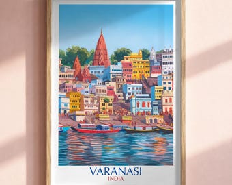 Lámina artística de los ghats de Varanasi, póster de viaje de los barcos del río Ganges en India
