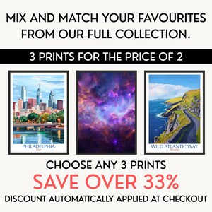 The image is an advertisement for a collection of three prints, each with a different landscape. The text encourages customers to mix and match their preferences from the full collection, offering a 3-print deal for the price of 2. The ad also mentions a discount of over 33% for customers who choose any 3 prints.