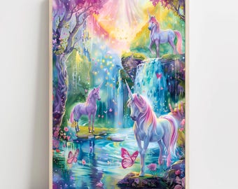 Unicorn Waterfall Print, Pastel Fantasy Art, Kids Bedroom Decor