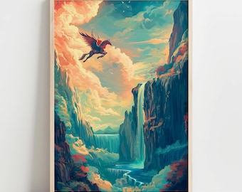 Pegasus Print, Mythical Flying Horse, Dreamlike Landscape Art