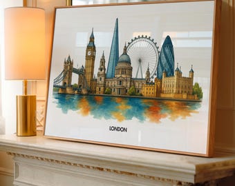 London Skyline Art Print: Watercolor Cityscape Illustration