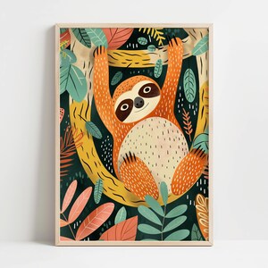 Impression de chambre de bébé jungle paresseux, art mural animal tropical, décoration enfant