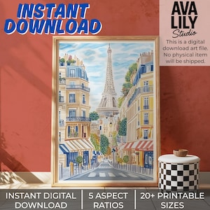 Eiffel Tower Print: Paris Street View, French Cafe Decor (Digital Download)