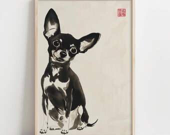 Chihuahua Sumi-e Art Print, Japanese Ink Dog Painting, Minimalist Pet Wall Art