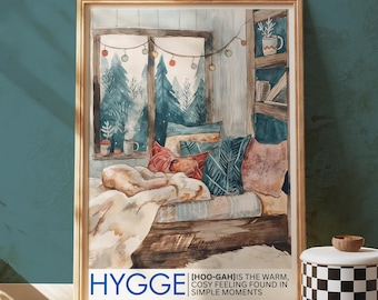 Impresión Hygge Winter Nook, Cabaña acogedora, Vista de ventana al bosque