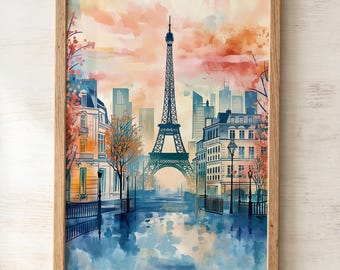 Eiffel Tower Watercolor Art Print, Romantic Paris Cityscape Poster