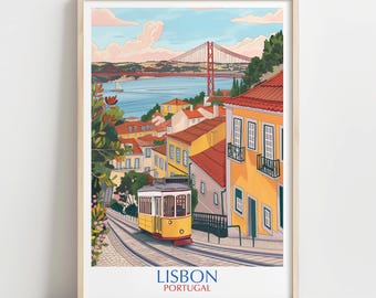 Lisbon Portugal Art Print, Illustrated Tram, Colorful Hillside Homes