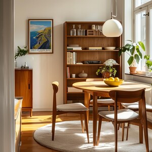 a cozy and well-lit dining room with a wooden table, chairs, and a bookshelf. The room has a warm and inviting atmosphere, with natural light streaming in from a window and a hanging light fixture. The dining table is set with a bowl of fruit, adding a touch of color and freshness to the space.