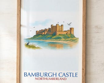 Zamek Bamburgh, grafika | Sztuka fortecy nadmorskiej w Northumberland | Plakat w stylu akwareli w Anglii