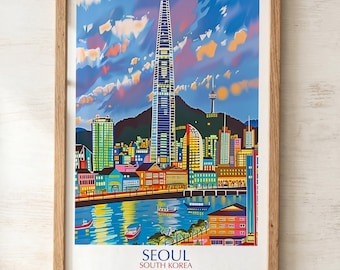 Seoul Skyline Print, South Korea Dusk Wall Art, Vibrant Cityscape Poster