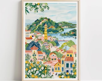 Hanoi Travel Print | Vietnam City Lake Wall Art, Old Quarter Illustrated Art