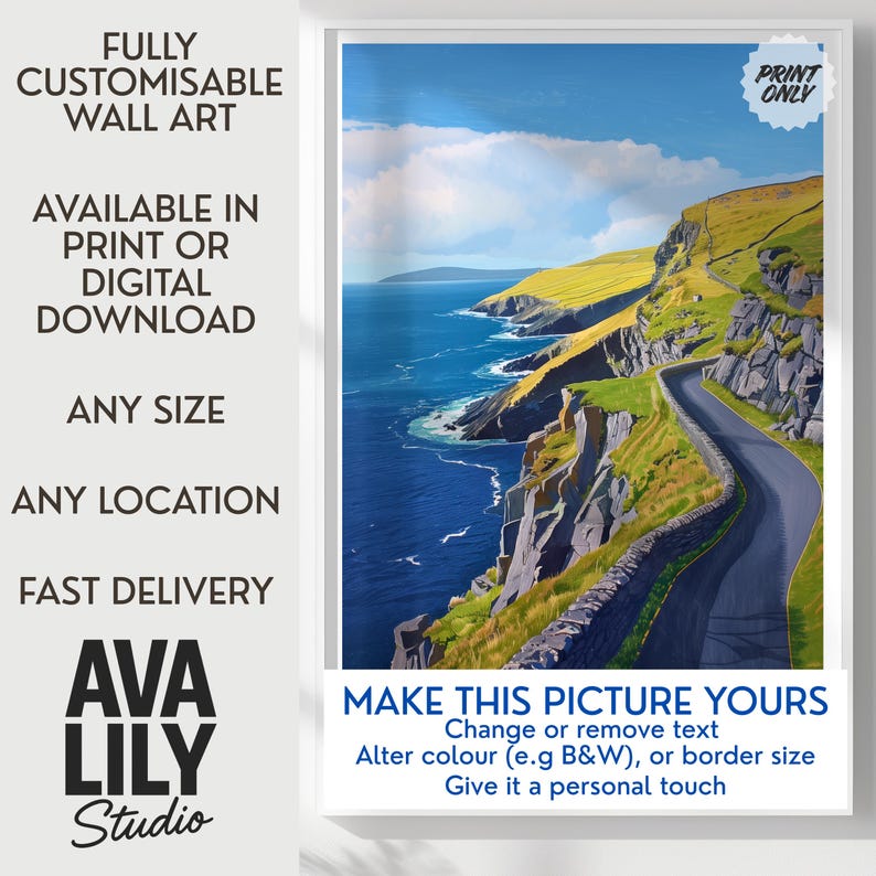The image is a wall art piece depicting a scenic coastal landscape with a winding road leading to the ocean. The artwork is fully customizable and available in print or digital download, allowing for any size and location. It is fast delivery, and the viewer has the option to alter the text, change the color (e.g. B&W), or adjust the border size. The image is from Ava Studio, and it is a personal touch, encouraging the viewer to create their own version of the artwork.
