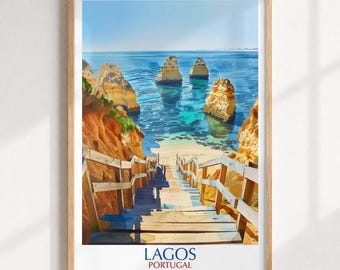 Praia do Camilo Art Print, Lagos Portugal Coastal Illustration