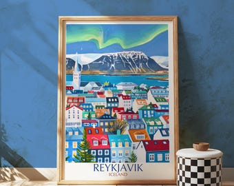Poster di Reykjavik, Islanda, case nordiche, arte dell'aurora boreale