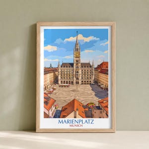 Marienplatz Munich Art Print, Illustration de la tour de l’horloge du Neues Rathaus