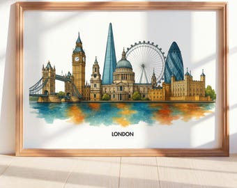 London Skyline Art Print, Watercolor Cityscape Illustration