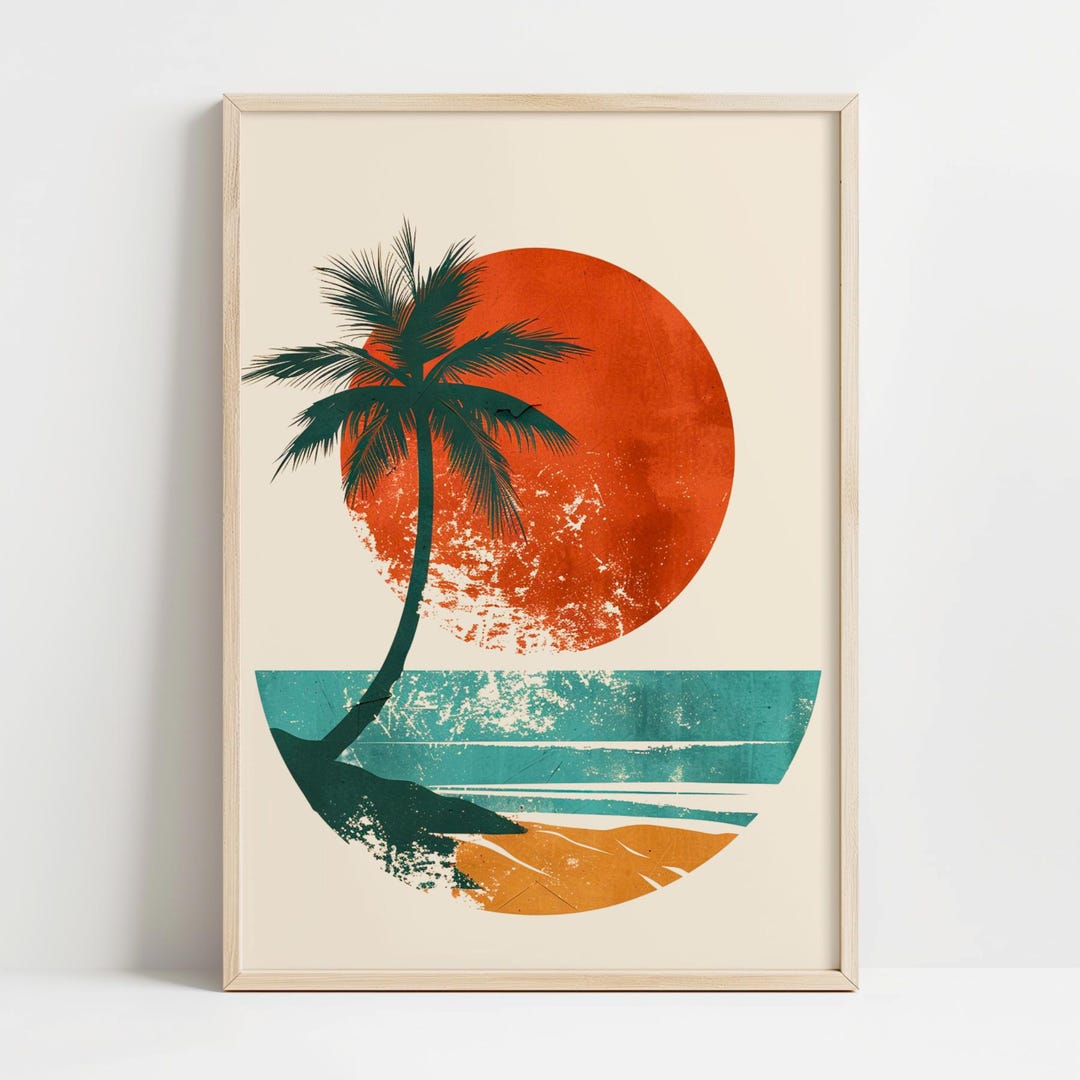 Retro Sunset Beach Print: Vintage Palm Tree Coastal Wall Art - Etsy